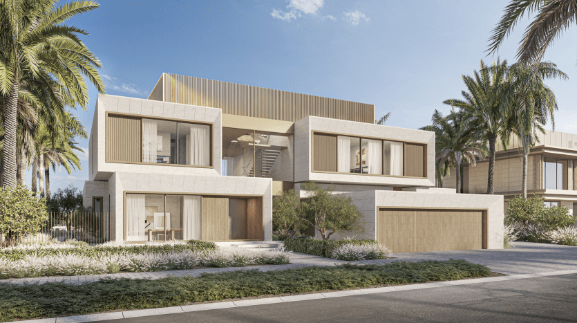 A rendering of modern residential architecture featuring two connected cubic villas with sandy textured facades, large windows, surrounded by lush greenery and palm trees in Dubai.