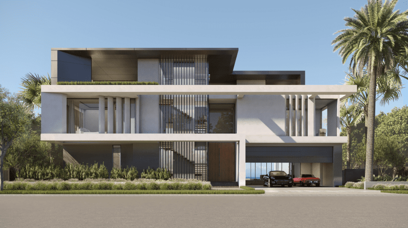 Modern two-storey house with large windows, flat roofs and minimalist design, located in Dubai, surrounded by palm trees, with a red sports car parked out front.