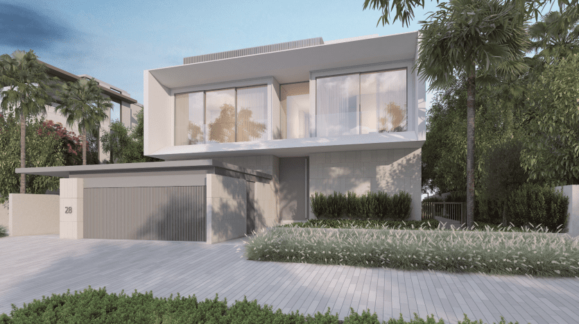 A modern two-storey house with large windows, flat roof and double garage, surrounded by palm trees in a suburban setting, ideal for investing in Dubai.