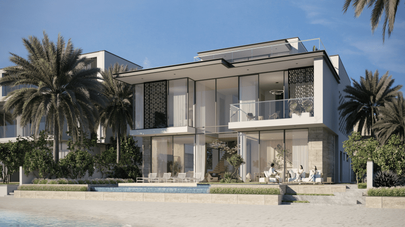 A luxurious two-storey beachfront villa in Dubai, with large glass windows, surrounded by palm trees and a swimming pool, with a family visible on the terrace enjoying a sunny day.