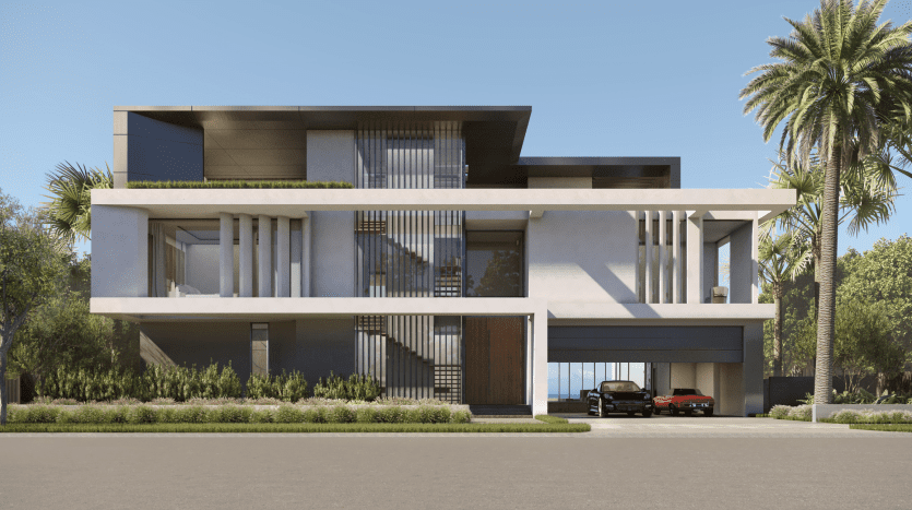 Modern two-story villa in Dubai with flat roofs, large glass windows and a mix of wood and concrete finishes, surrounded by tall palm trees, with a red sports car parked in the driveway.