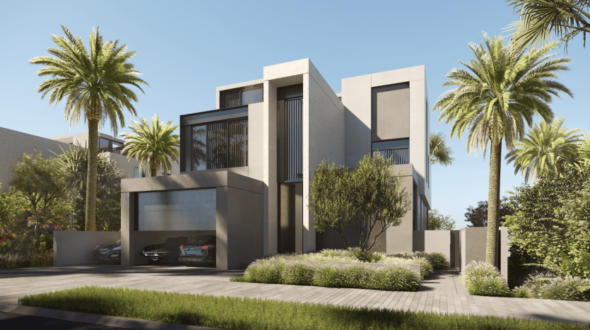 Modern villa in Dubai with geometric architecture, surrounded by palm trees and lush greenery, featuring a driveway with two parked cars under a clear blue sky.