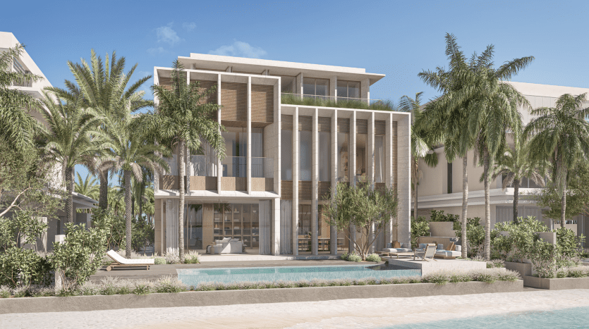 A modern two-story villa with large sliding doors, surrounded by palm trees, features a foreground pool and clear, sunny skies - ideal for an investment in Dubai.