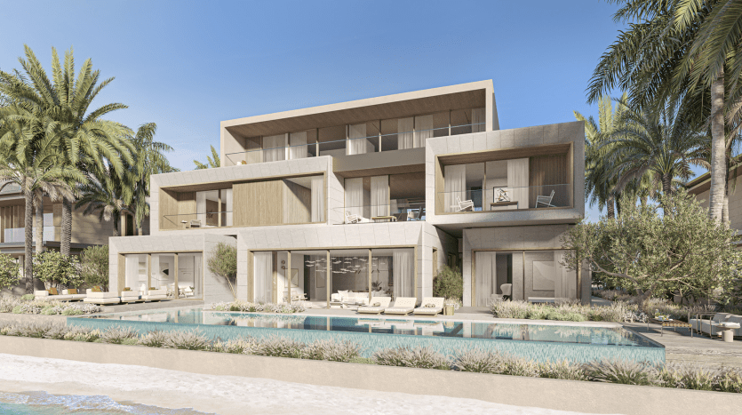 A modern multi-level villa in Dubai with large terraces and an infinity pool, surrounded by lush palm trees and overlooking a serene beach.