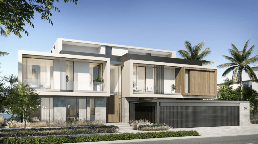 Modern two-storey villa in Dubai with large windows, geometric balconies and a flat roof, surrounded by palm trees and located in a sunny suburb.