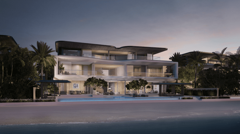 Modern luxury villa with several balconies, large glass windows and surrounded by lush palm trees, illuminated by ambient lighting at dusk, perfect for investing in Dubai.
