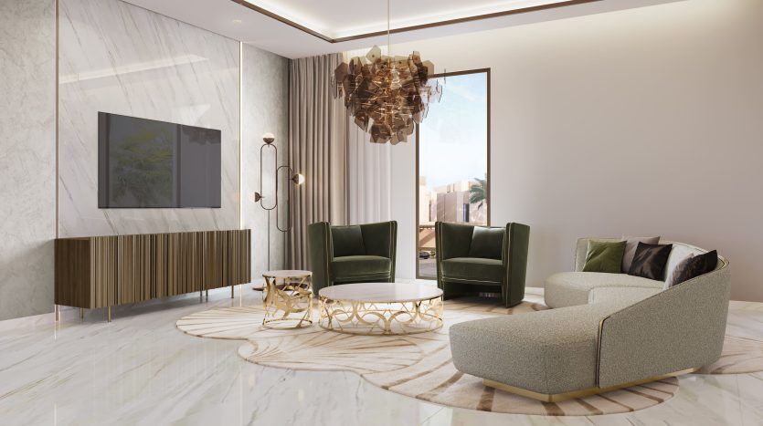 Salon luxueux et moderne dans une villa de Dubaï doté de sols en marbre, d'un canapé gris moelleux, de deux fauteuils verts et d'une table basse dorée, avec un lustre élégant et une grande fenêtre.