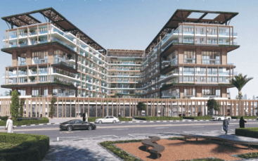 Rendu architectural d'une villa moderne à plusieurs niveaux à Dubaï avec une utilisation intensive du verre et des terrasses, entourée d'espaces paysagers et une vue sur la rue avec des piétons et des véhicules.