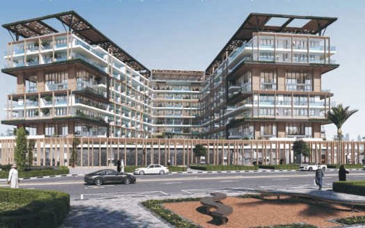 Rendu architectural d'une villa moderne à plusieurs niveaux à Dubaï avec une utilisation intensive du verre et des terrasses, entourée d'espaces paysagers et une vue sur la rue avec des piétons et des véhicules.