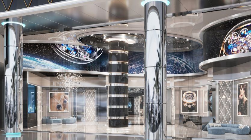 Luxurious cruise ship interior featuring an elegant, modern design with reflective floors and columns, detailed with circular light fittings and spacious lounges. It is enhanced by futuristic and artistic wall panels inspired by the aesthetics of the Dubai villa.