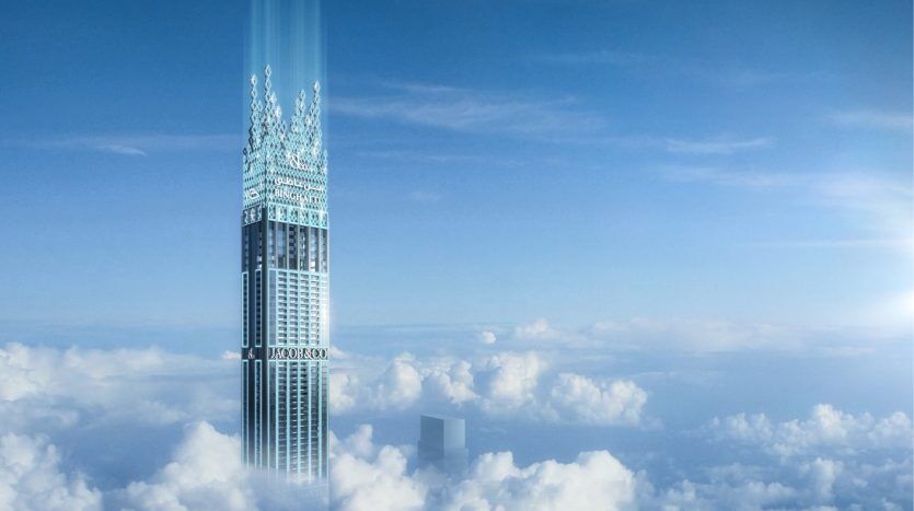 A futuristic skyscraper pierces a luminous sky, its top obscured by clouds, suggesting its impressive height. Managed by a leading Dubai real estate agency, the design features intricate patterns against a bright, sunny background.