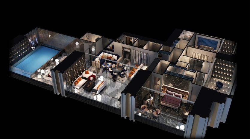 3D cutaway illustration of a luxurious multi-room villa in Dubai at night, featuring an outdoor pool, several bedrooms, a kitchen and a living room, all lit by soft lighting.