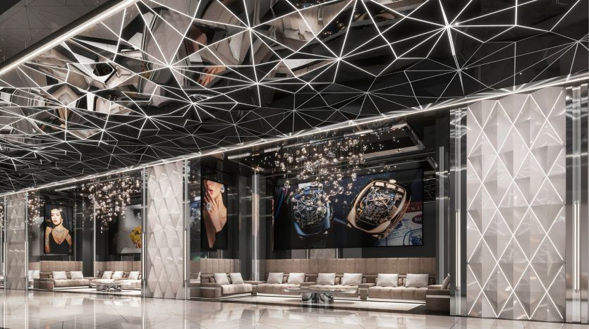 A modern luxury shopping mall corridor in Dubai with geometric lighting fixtures, elegant lounge areas and high-end window displays.