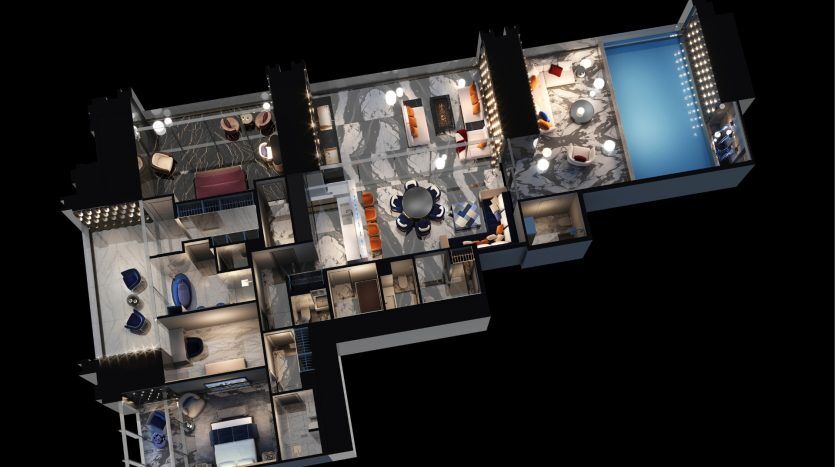 3D floor plan of a modern apartment in Dubai showing several rooms, including bedrooms, bathrooms, kitchen, dining area and living spaces, designed in a top-down view.