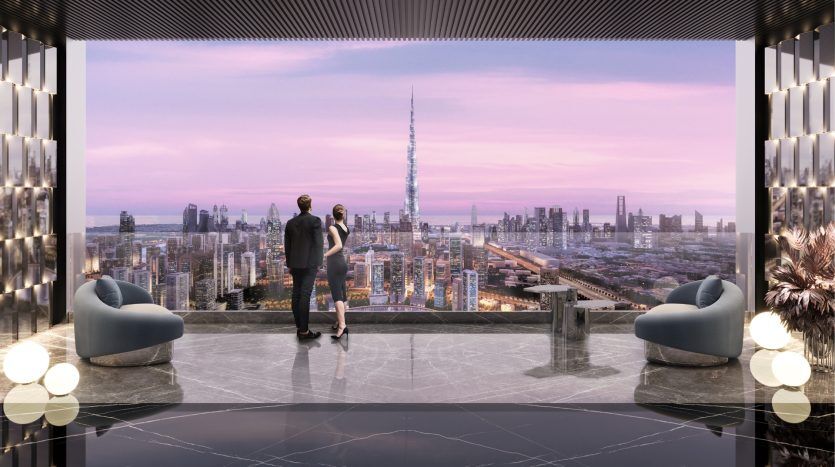 A couple sit in a luxurious high-rise apartment in Dubai, with bay windows overlooking a futuristic cityscape at dusk. Modern furniture decorates the space.