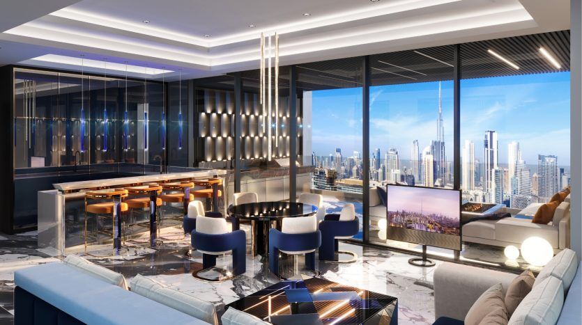 Luxurious modern living room in a Dubai villa with blue sofas, elegant bar stools and glass tables, offering panoramic views of the city's rooftops through picture windows.
