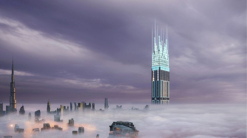 An imaginative cityscape of towering skyscrapers piercing a dense layer of clouds beneath a violet-tinged sky, highlighted by a futuristic central Dubai building emitting beams of light skywards.