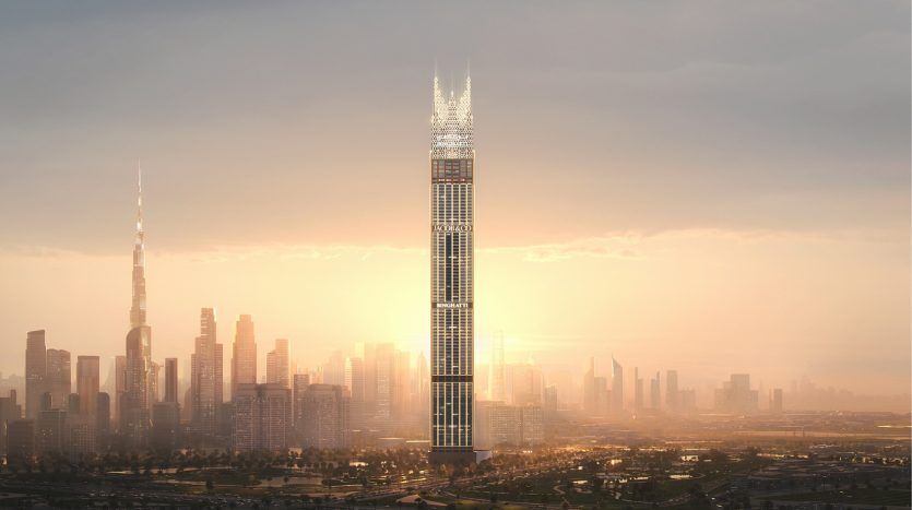 A spectacular skyline with a large futuristic skyscraper at sunset, surrounded by numerous skyscrapers under a golden, misty sky in Dubai.