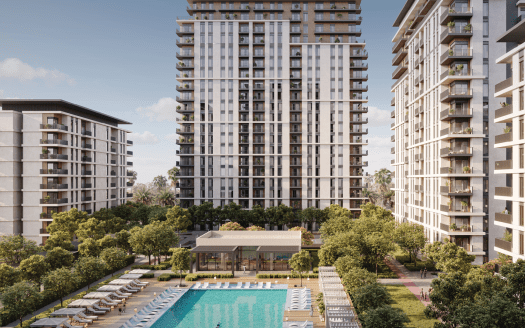 Rendu architectural d'un complexe résidentiel moderne à Dubaï comprenant plusieurs immeubles de grande hauteur entourés d'une verdure luxuriante et d'une grande piscine centrale.