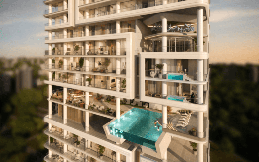 Un gratte-ciel moderne conçu par Allura Citi Developers dispose de balcons spacieux et ouverts avec un mobilier luxueux. Une superbe piscine extérieure s'étend depuis l'un des balcons, offrant une vue panoramique sur le paysage urbain au coucher du soleil.