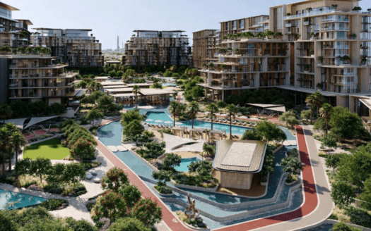 Vue aérienne de Crestlane, un complexe résidentiel luxueux composé de plusieurs immeubles d'appartements modernes. Le quartier comprend une végétation luxuriante, des jardins paysagers, des piscines et un sentier sinueux. Les terrasses sur les toits et la ligne d'horizon de la ville rehaussent le décor pittoresque de cette oasis urbaine.