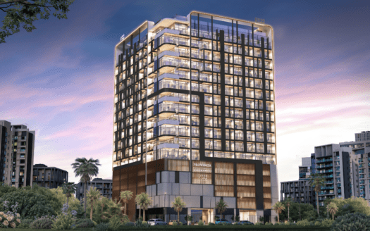 Un bâtiment moderne en verre à plusieurs étages avec des balcons éclairés se dresse parmi les palmiers et la verdure au coucher du soleil, entouré d'autres bâtiments contemporains - une vue emblématique de Provenza Residences Dubai.