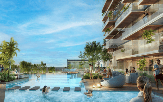 Les visiteurs se détendent et se baignent dans une piscine extérieure moderne entourée de verdure et d'un immeuble d'appartements de luxe avec balcons. Le ciel bleu et clair crée une atmosphère vibrante et accueillante.