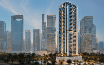Altiera Heights par Ellington Properties se dresse en évidence devant plusieurs autres grands gratte-ciel, entouré de palmiers et de lumières de la ville, sous un ciel bleu clair au crépuscule.