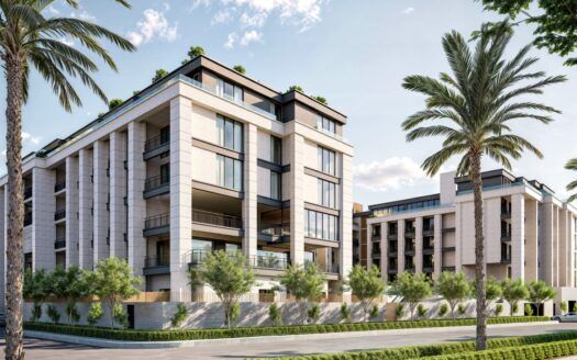 Les immeubles modernes de Berkeley Square Prestige One sont dotés de grands balcons et de baies vitrées, entourés de palmiers et d'une végétation luxuriante sous un ciel bleu parsemé de nuages.