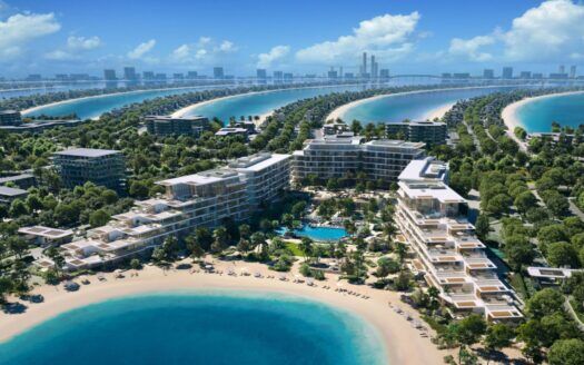 Vue aérienne de stations balnéaires et de villas de luxe disposées le long des îles incurvées en forme de palmier de Palm Central, avec une eau turquoise et des plages de sable, sur fond de ville moderne, sous un ciel bleu avec des nuages épars.