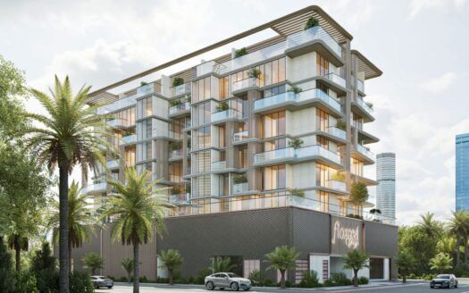 Floarea Breeze, un immeuble d'appartements moderne de taille moyenne, présente de grandes baies vitrées et des balcons au milieu des palmiers. Des voitures sont garées devant, un panneau "Rosegold" est affiché et de grands immeubles s'élèvent à l'arrière-plan.