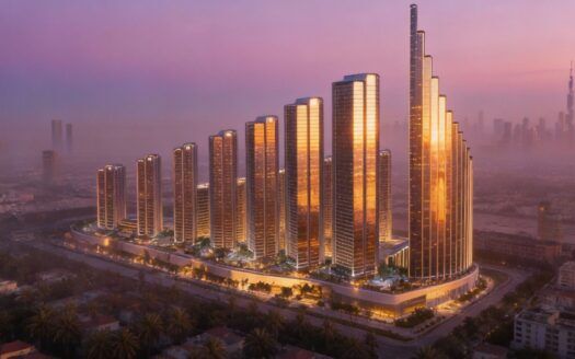 Une rangée de grands gratte-ciel modernes en verre s'illumine de reflets dorés au coucher du soleil à Mercedes Benz City, dans un paysage urbain brumeux avec d'autres gratte-ciel à l'arrière-plan.