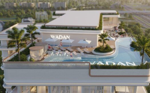 La piscine à débordement du Weston by Wadan est équipée de chaises longues, de parasols, de palmiers et de personnes en train de se détendre. Le bâtiment affiche "WADAN" en grosses lettres, avec en arrière-plan des routes urbaines et une végétation luxuriante.