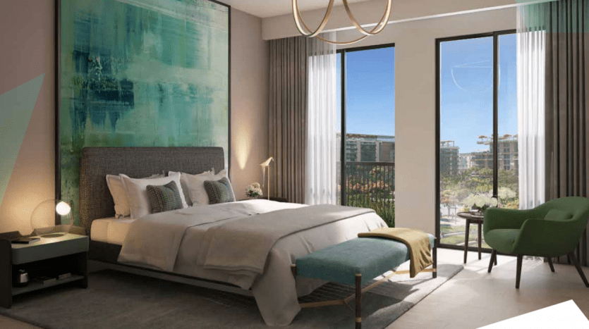 A modern room with a king-size bed, elegant bedding and abstract green artwork above the headboard. Large windows offer a view of Central Park. The room features elegant furnishings and soft lighting.