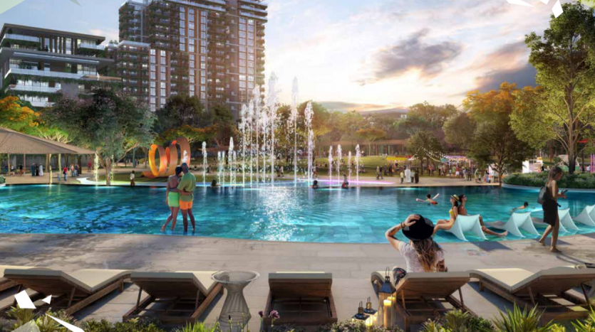 Artistic rendering of a lively central park with a large swimming pool, interactive water fountains, lounging residents and modern high-rise buildings in the background.