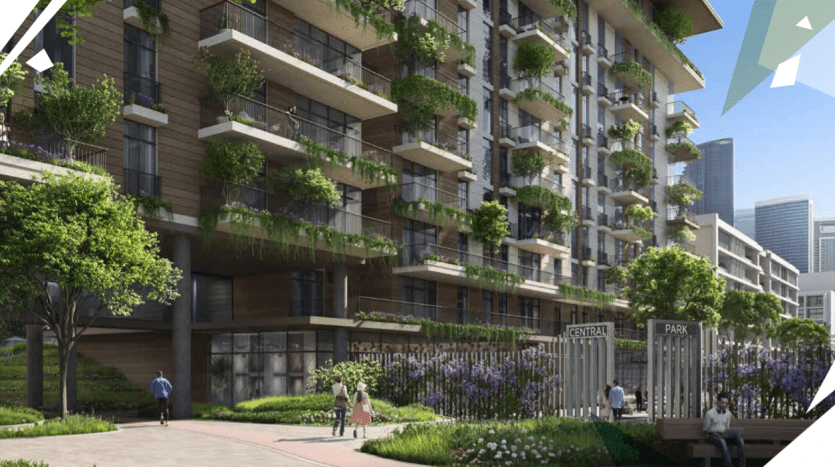 Modern apartment buildings with abundant greenery on the balconies, overlooking a landscaped courtyard where people stroll and chat. Central Park skyline visible in the background.