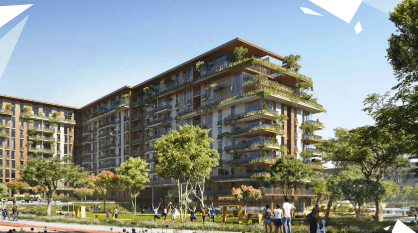 Modern apartment buildings with large balconies and green plants, in a lively community setting with passers-by and children playing in a Central Park-like environment.