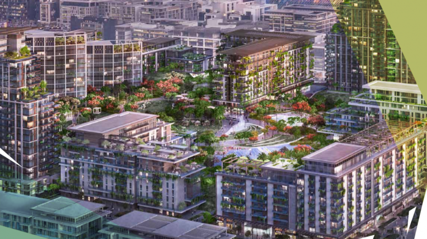 Aerial view of a modern urban landscape featuring lush greenery integrated with contemporary high-rise buildings, highlighting an architectural mix of urban elements and central parks.