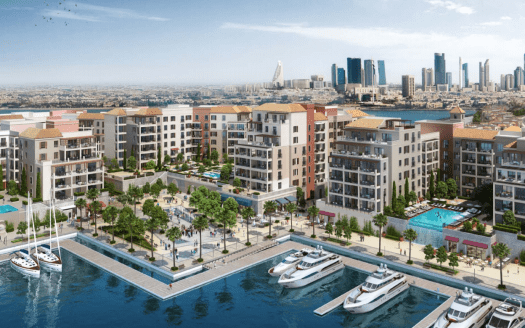 Une vue panoramique d'un luxueux quartier résidentiel en bord de mer à La Voile Port de la Mer, avec des bâtiments modernes, des piscines, une marina avec des yachts, une verdure luxuriante et un fond de