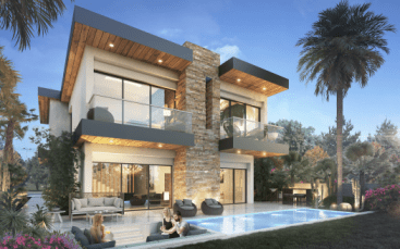 A modern two-story home in Damascus Hills 3 with large glass windows, stone accents and wood beams. It features a pool with people lounging and a palm tree next to the house.