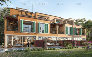 Modern semi-detached accommodation in Damascus Hills 3 with a shared central garden and swimming pool, featuring balconies adorned with plants and terracotta-colored walls. A man walks with a guide dog,