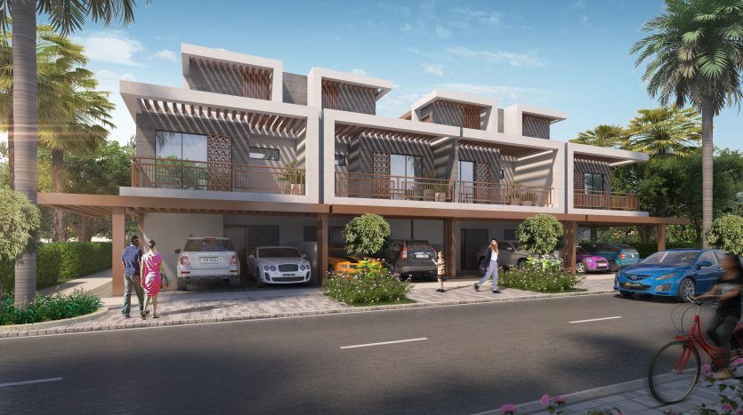 Villa moderne à Dubaï dotée de balcons spacieux, d'un parking en contrebas, entourée d'arbres et de personnes pratiquant diverses activités de plein air.