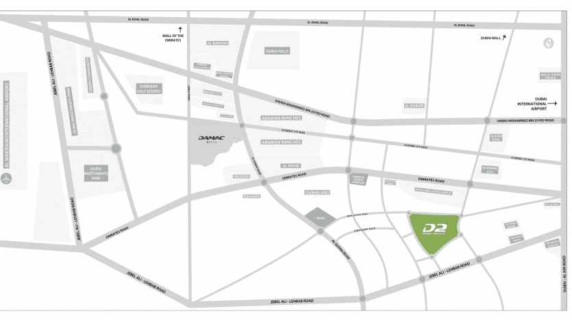 Une carte en niveaux de gris montrant la disposition des rues et des monuments à proximité de la ville internationale de Dubaï, avec les routes principales comme Al Awir Road et les zones mises en évidence telles que Dragon Mart et D32, idéale pour ceux qui s'intéressent à l'immobilier.