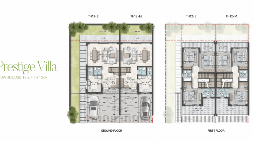 Plans d'étage architecturaux pour une luxueuse villa à Dubaï nommée "Villa Prestige", montrant des dispositions détaillées du rez-de-chaussée et du premier étage avec des pièces et des meubles étiquetés.