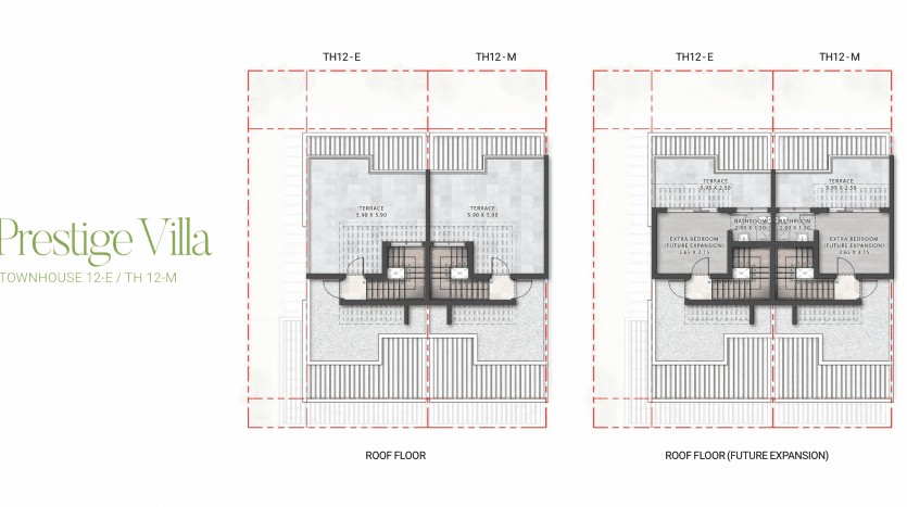 Schémas de plan d'étage de la villa de prestige maison de ville de Dubaï 1/2 th-12 e et th-12 m, affichant les dispositions des planchers de toit et les futures extensions de toit.