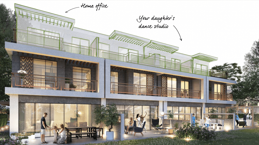 Rendu architectural d'un immeuble moderne de trois étages à Dubaï au crépuscule, comprenant un bureau à domicile et un studio de danse labellisés, avec des personnes visibles à travers les grandes fenêtres en verre et les balcons ornés de plantes.
