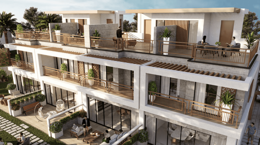 Ce bâtiment moderne à plusieurs étages, qui fait partie d'Eterno Damas Hills 2, présente de grandes baies vitrées et des touches de bois. Plusieurs terrasses invitent à la détente tandis que les gens profitent de la verdure sur les balcons. Les patios sur le toit avec des sièges offrent une atmosphère luxueuse sous le ciel ensoleillé.