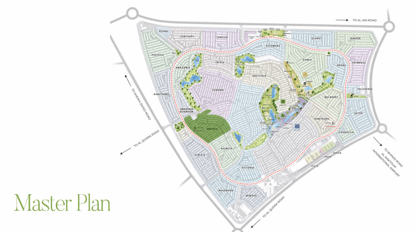 Illustration d'un plan directeur pour un développement urbain planifié à Dubaï, montrant diverses zones telles que résidentielles, commerciales, parcs et routes, toutes étiquetées et codées par couleur, délimitées par une limite rouge.