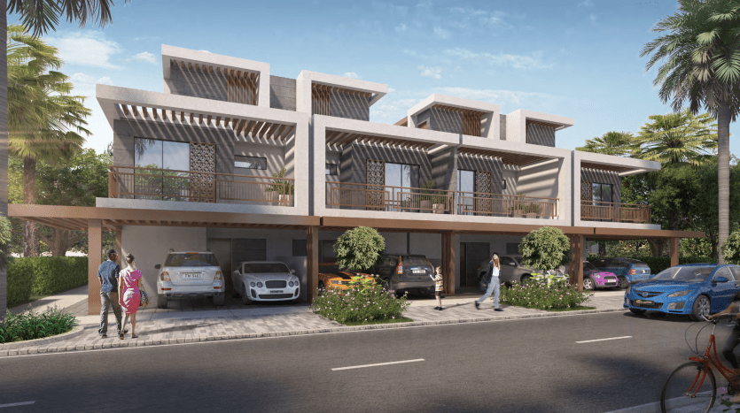Villa moderne à Dubaï avec balcons et abris de voiture, avec voitures garées et piétons sous un ciel ensoleillé, entourée de verdure luxuriante et de palmiers.