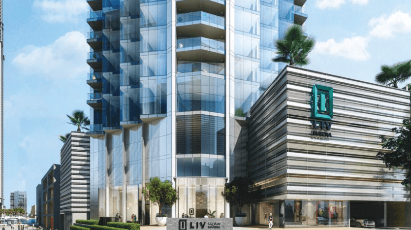 Un paysage urbain moderne avec un grand bâtiment en verre marqué « liv marina » aux côtés d'un autre bâtiment avec des palmiers et un ciel bleu clair symbolise les principales opportunités immobilières pour ceux qui cherchent à investir dans un dub.